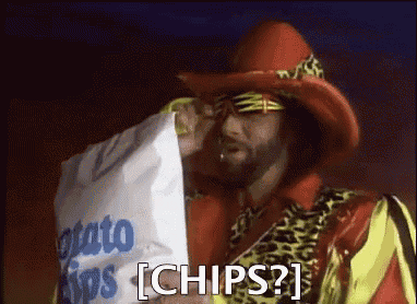 a man in a cowboy hat is holding a bag of potato chips and says chips