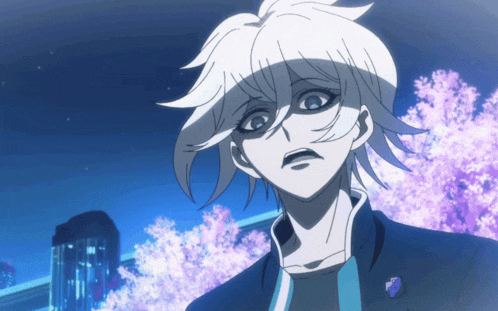 a white haired anime character with a purple pin on his jacket