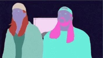 a cartoon of two people standing next to each other with one wearing a hat