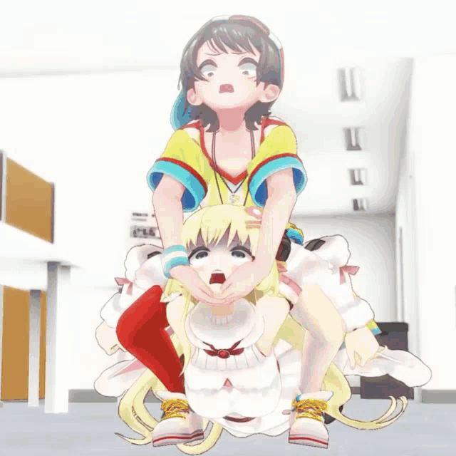 a girl is carrying another girl on her back in a room