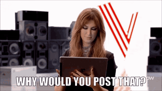 a woman looking at a tablet with the words why would you post that