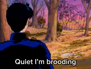 a cartoon of a man standing in the woods with the words quiet i 'm brooding above him
