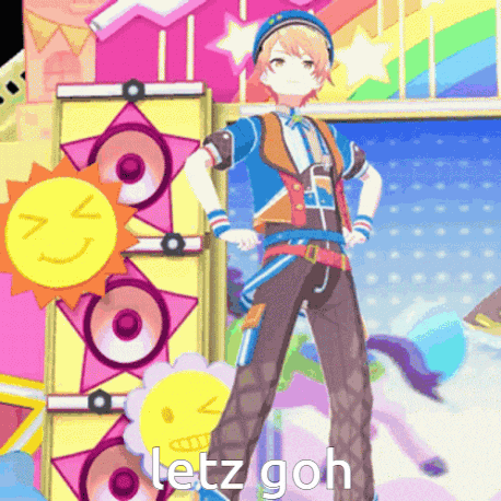 a cartoon character is standing in front of a bunch of speakers with the words letz goh written below him .