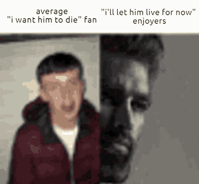 a man in a red jacket is next to a man with a beard and the words " i 'll let him live for now "