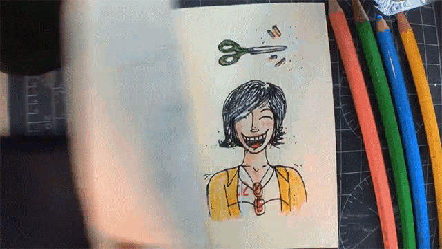 a drawing of a woman with a pair of scissors flying over her head