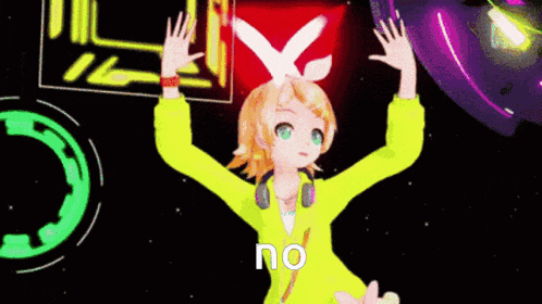 a girl in a yellow jacket and headphones is dancing with her arms outstretched and says no .