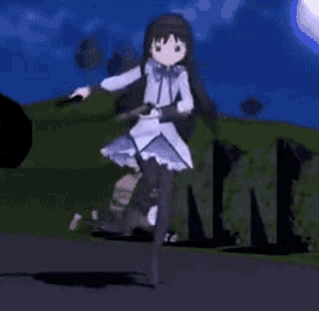 a girl in a white dress is dancing in a video game while holding a gun .