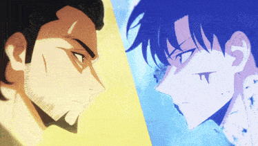 two anime characters are looking at each other and one has a t on his face
