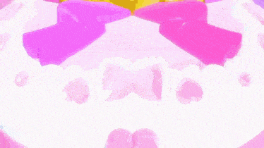 a girl in a pink dress is looking at herself in a mirror and smiling .
