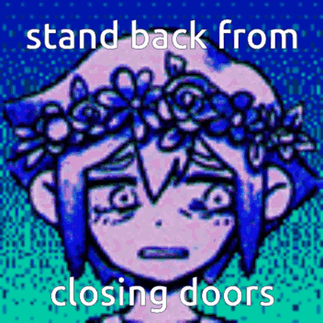a pixel art of a girl with a flower crown on her head and the words `` stand back from closing doors '' .