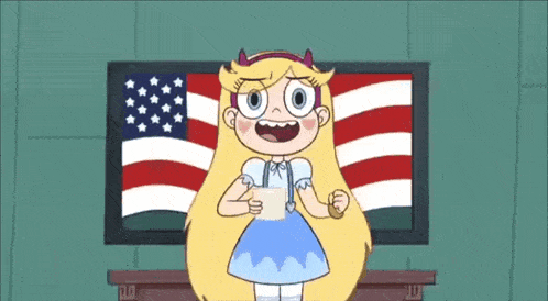 star butterfly from star vs the forces of evil is standing in front of an american flag and giving a speech .