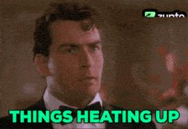 a man with a bandage on his neck and the words things heating up below him