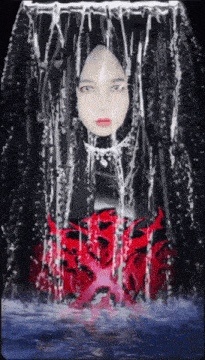 a woman in a red and black dress is surrounded by water