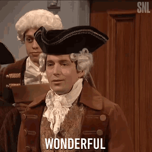 a man in a wig says wonderful in front of a snl logo