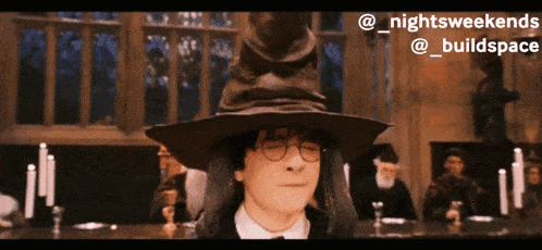harry potter wearing a sorting hat with the words nightweekends and buildspace below him