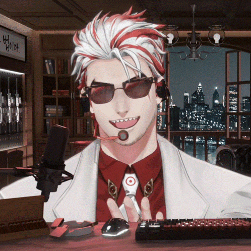 a man with red and white hair wearing sunglasses and a tie