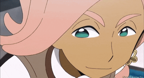 a close up of a cartoon character with pink hair