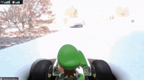 a screenshot of a video game shows a character driving a kart