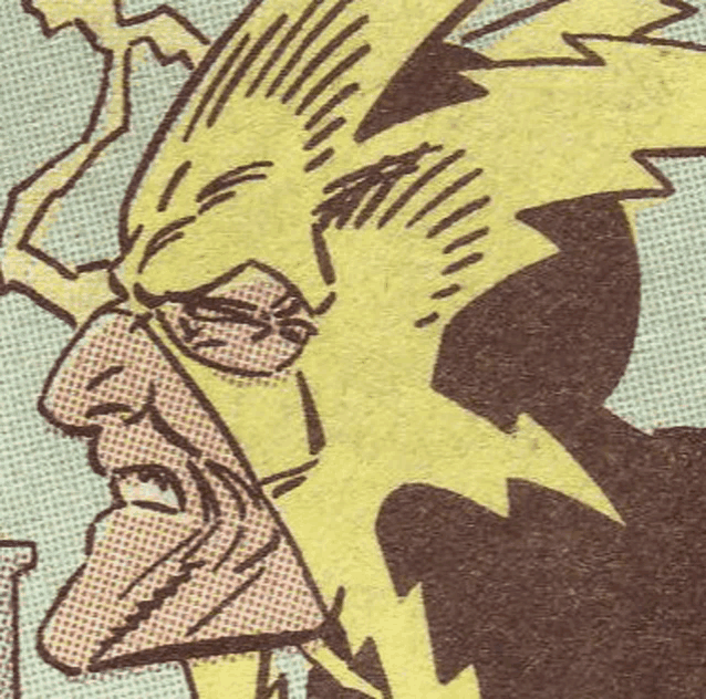 a close up of a comic book character with a lightning bolt on his head .