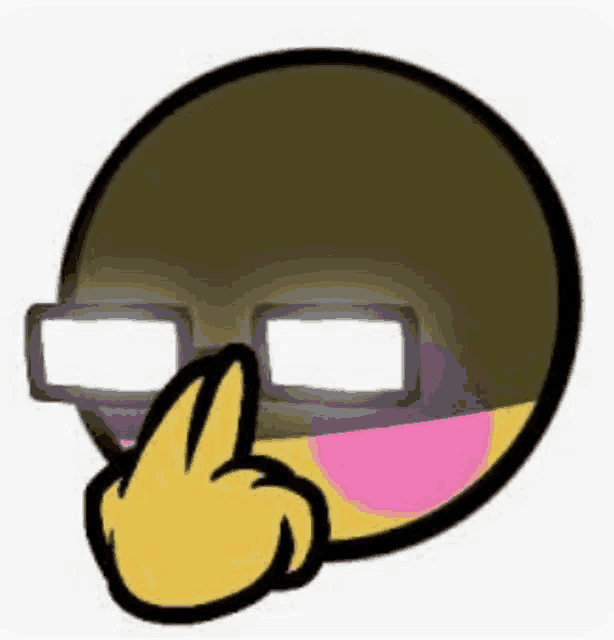 a cartoon smiley face with glasses and a yellow hand .