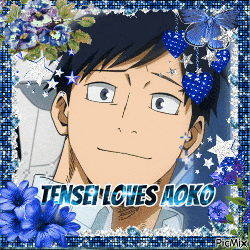 a picture of a man with the words tensei loves aoko written on it