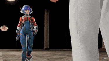 a woman in a futuristic suit is standing next to a man