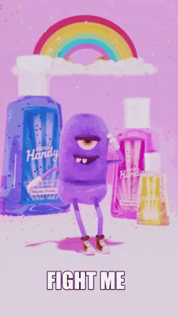 a cartoon character standing in front of a bottle of handy hand sanitizer