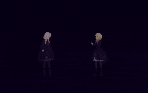 two anime girls are standing next to each other in front of purple squares