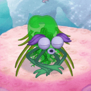 a cartoon drawing of a green and purple creature
