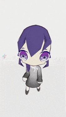 a tiktok video of a chibi girl with purple hair and blue eyes