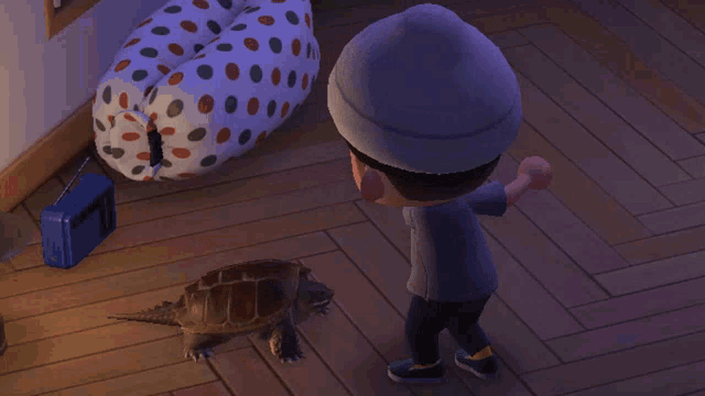a cartoon character is standing next to a turtle on a wooden floor