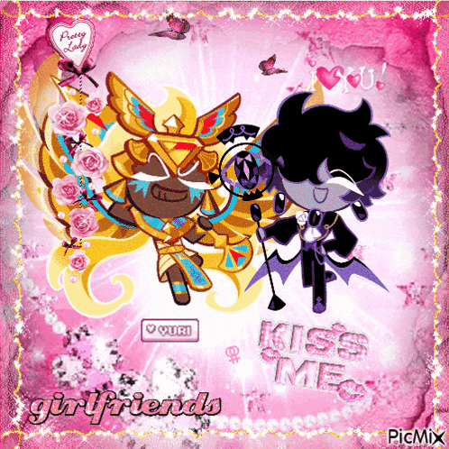 a picture of two cartoon characters with the words kiss me girlfriends