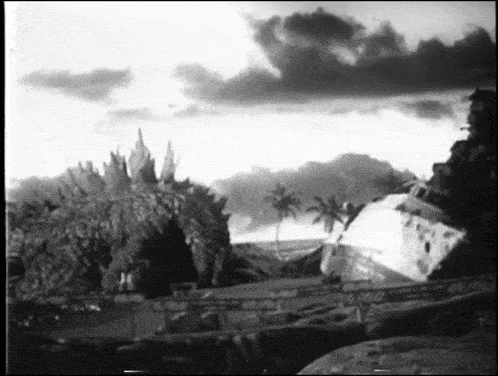 a black and white photo of a landscape with trees and clouds