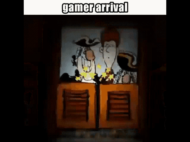 a group of cartoon characters are standing in a doorway with the words gamer arrival above them