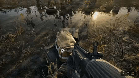 a person is holding a gun in a video game while standing next to a river .