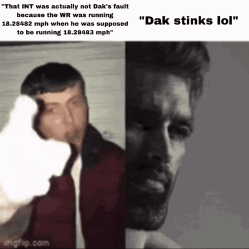a man with a beard is pointing at another man with a white glove on his face .