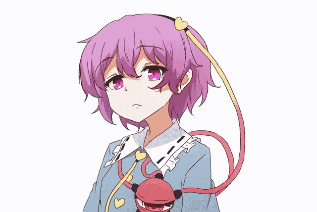a drawing of a girl with purple hair and hearts around her neck