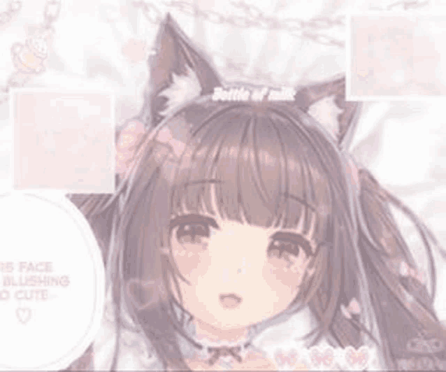 a close up of a cute anime girl with cat ears and a bottle of milk .