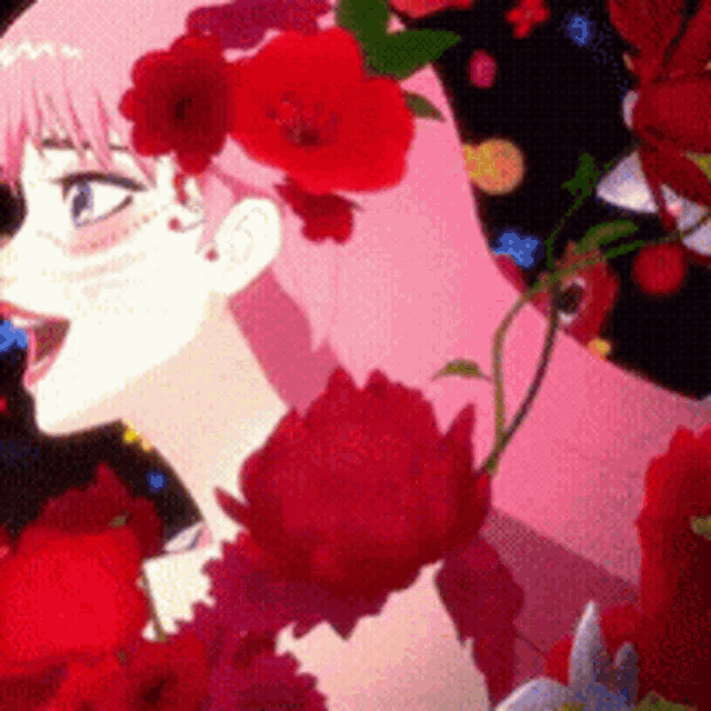 a girl with pink hair is surrounded by red roses