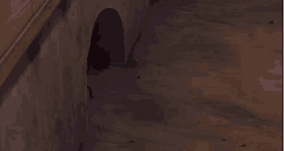 a cartoon character is crawling out of a hole in a wall .