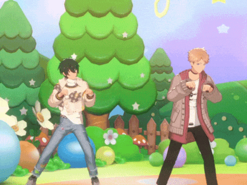 two cartoon characters are dancing in a park with trees and flowers in the background