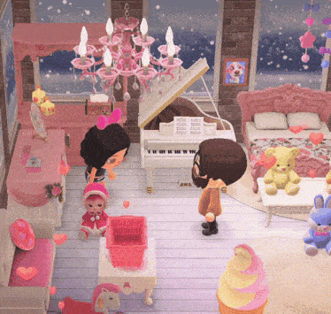 a room with a piano and a chandelier with a picture of a dog on the wall