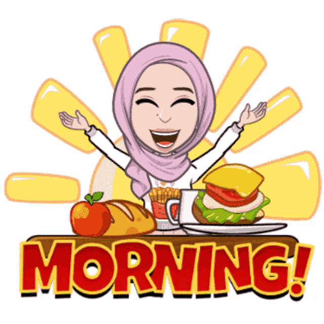 a cartoon of a woman with her arms outstretched sitting at a table with a sandwich and an apple and the words morning