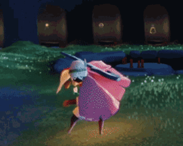 a person in a pink dress is dancing in the grass