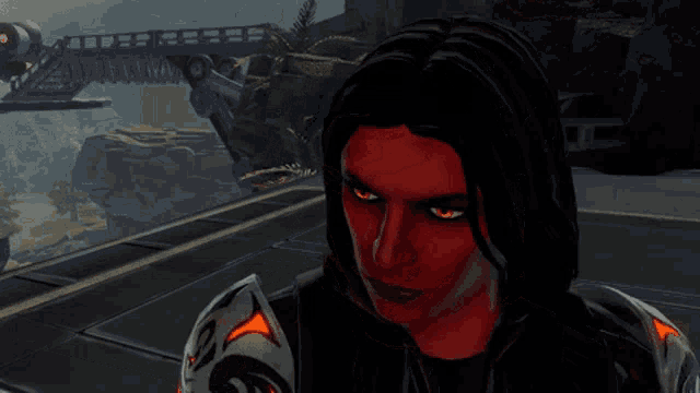 a video game character with a red face and a black hood