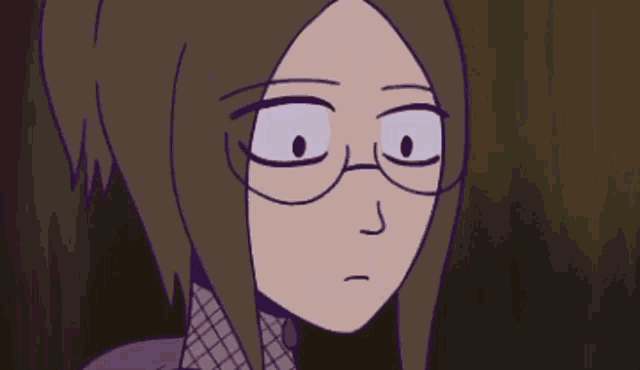 a close up of a cartoon character with glasses and a purple shirt