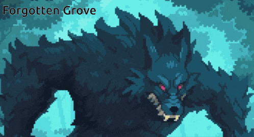 a pixel art of a werewolf with the words forgotten grove below it