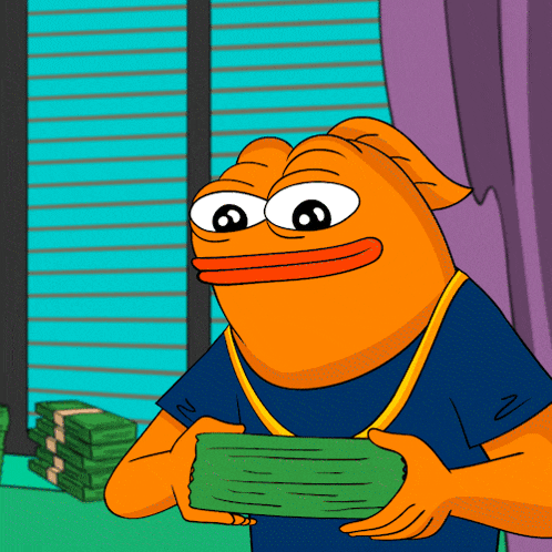 a cartoon character holding a stack of money