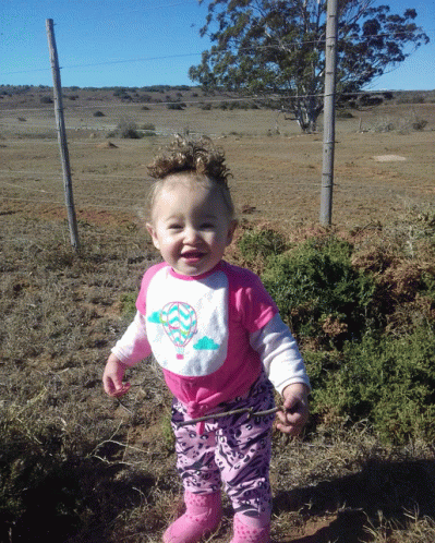 a little girl wearing a bib with a hot air balloon on it stands in a field