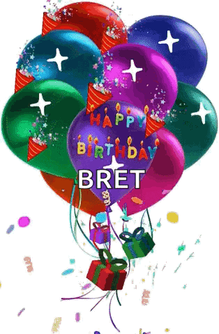 a bunch of colorful balloons with the words happy birthday bret on them